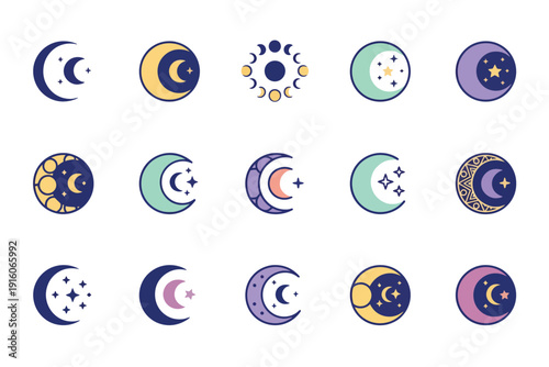 Moon Phase Icons in Minimalist Style with Pastel Colors and Simple Shapes for Mobile App Design