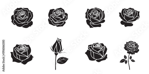 Black and white roses with varying numbers of leaves and petals Vector