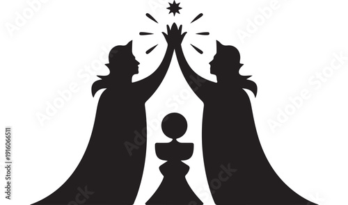 Silhouetted couple in magical ritual with glowing star and mysterious artifact in dramatic dark lighting for esoteric illustration