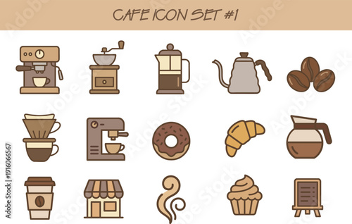 A comprehensive cafe icon set featuring various coffee-making equipment, beverages, and treats designed in a consistent flat outline style. 