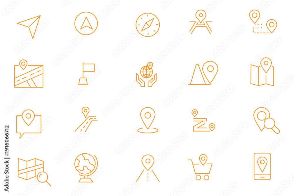 Fototapeta premium A sleek set of navigation icons in minimalist line style with editable strokes, designed for seamless integration into maps, mobile apps, dashboards, and location-based interfaces.