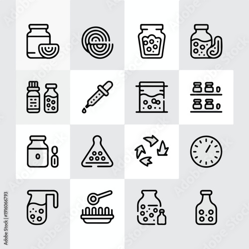 Fermented Foods & Probiotics Line Icons – Minimalist Vector Set for Health, Nutrition & Gut Wellness Themes

