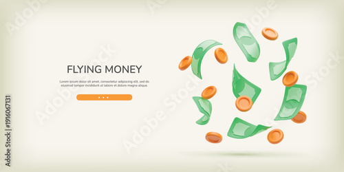 3D falling banknotes and coins flyer. Realistic twisted paper currency and gold coins flying around. Financial success banner. Green vector dollar sign of salary and wage. Money cash payment web page