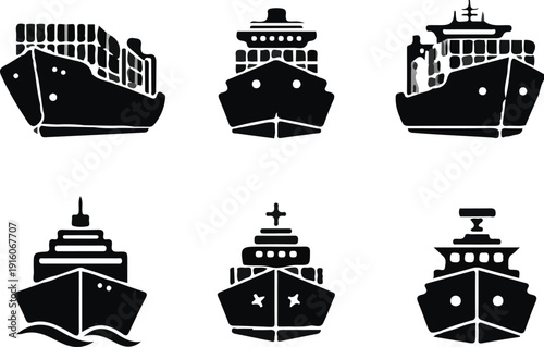 Set of black silhouette icons representing different types of cargo ships and container ships