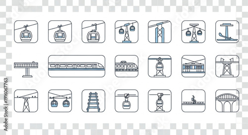 Collection of cable car and train icons in a grid.