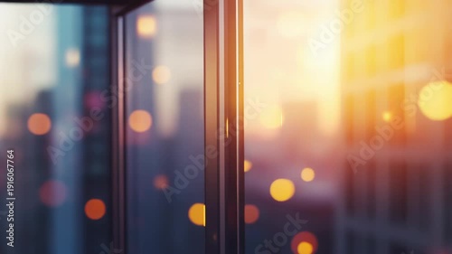 Urban building windows capturing the warm glow of a sunset, creating soft bokeh lights and reflections in the blurred cityscape background at twilight