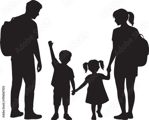 Family silhouette with two children holding hands parents with backpacks ready for travel vacation trip vector graphic full shot