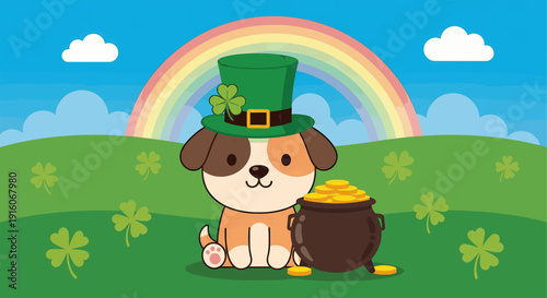 Cute dog with pot of gold and rainbow for St Patrick's Day vector