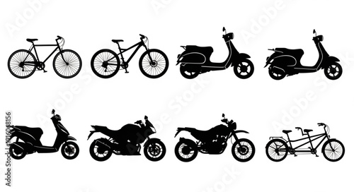 Collection of Silhouettes of Bicycles Scooters and Motorcycles.