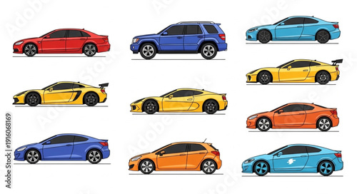 Collection of modern sports cars and SUVs in various colors.