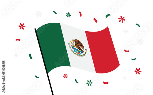 A vibrant Mexican flag waving with colorful confetti and stars on a white background