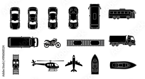 Collection of vehicle silhouettes seen from above and side.