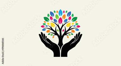 Colorful Tree in Hands Illustration – Growth Support Nature Care Concept
