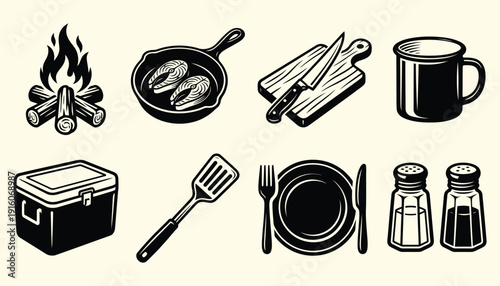 Camping and Outdoor Cooking Gear Black Icons Set