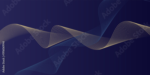Konstfotografi Abstract dark navy blue background with a series of wavy lines flowing from left to right, alternating curves, in light blue and slightly orange-gold strokes