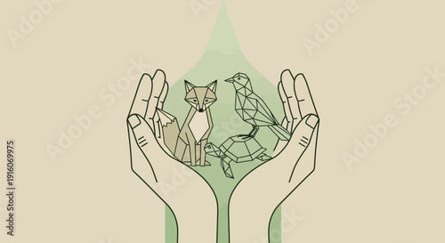 Hands protecting wildlife in eco-friendly gesture