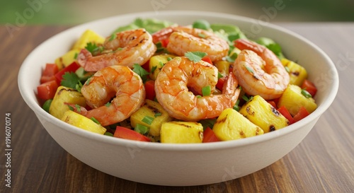 Grilled Shrimp and Pineapple Salad in a White Bowl