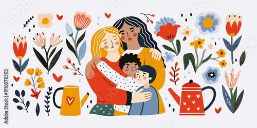 A loving family embraces amidst colorful floral and botanical illustrations
