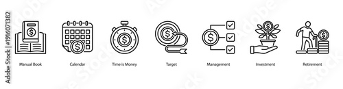 Time and Investment web banner vector illustration featuring Manual Book, Calendar, Time is Money, Target, Management, Investment, and Retirement.