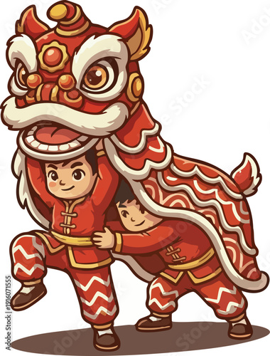 A vibrant cartoon illustration of two cheerful children performing a traditional Chinese lion dance.