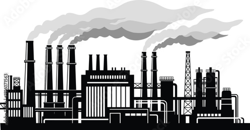 Industrial factory complex silhouette, smokestacks emitting pollution, heavy manufacturing plant illustration, environmental impact, air pollution, carbon footprint, , climate change concern