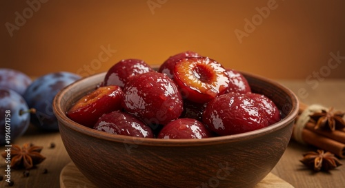 Dark Brown Bowl of Shiny Preserved Plums with Spices