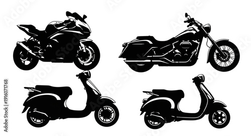Collection of four different motorcycle and scooter silhouettes.
