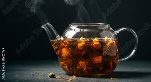 Glass Teapot of Herbal Tea with Steam on Dark Background