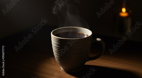 Steaming Coffee in Rustic Mug on Dark Wood Table