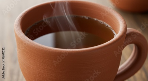 Steaming Tea in a Brown Clay Cup on Wooden Table
