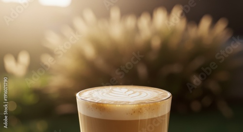Latte Art in Sunlight: Coffee Drink with Plant Background