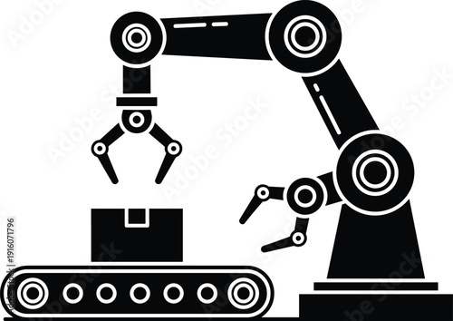 Robotic arm silhouette illustration, industrial automation machinery, conveyor belt system, manufacturing process equipment, mechanical gripper, factory , precision engineering, production efficiency