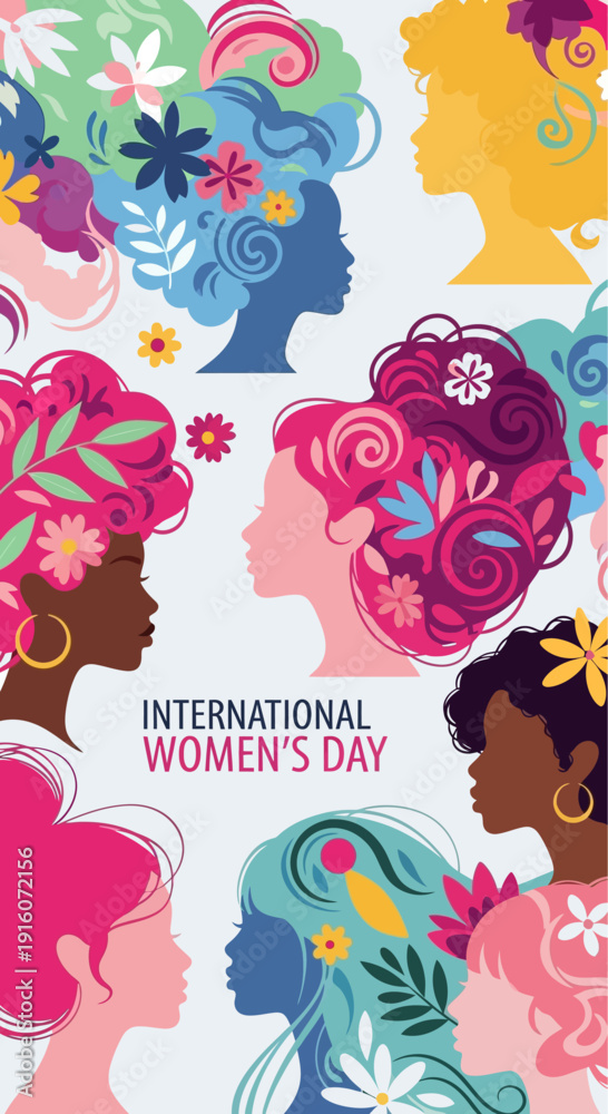 Fototapeta premium Vibrant illustration celebrating International Women's Day with diverse female profiles and floral hairstyles.