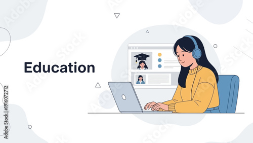 Student learning online with laptop and headphones, e-learning concept