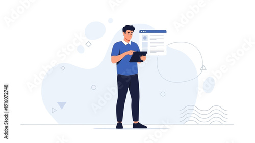 Man Using Tablet for Online Profile Management & Digital Data Analysis