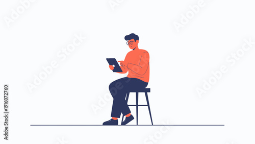 Man with glasses using tablet computer while sitting on stool, flat design illustration