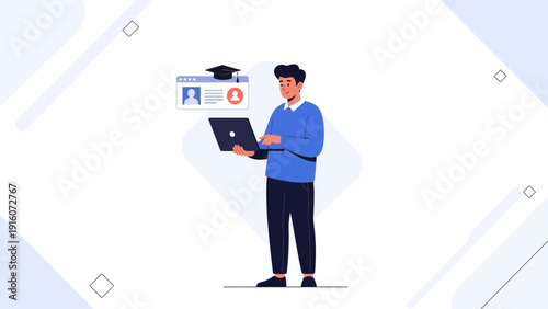 Man with Laptop and Graduation Cap Icon, Online Education, E-learning Concept