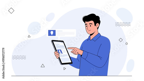 Man Using Tablet with Social Media Feed and Notifications