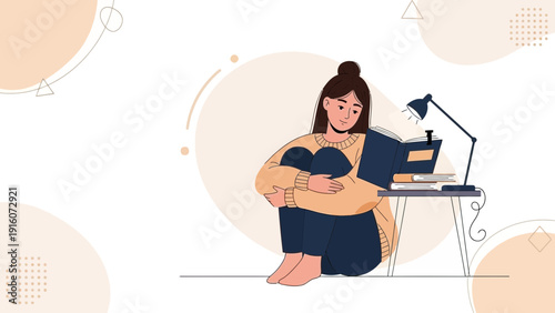 Sad Woman Sitting Alone Reading Book, Feeling Lonely, Studying or Working Late