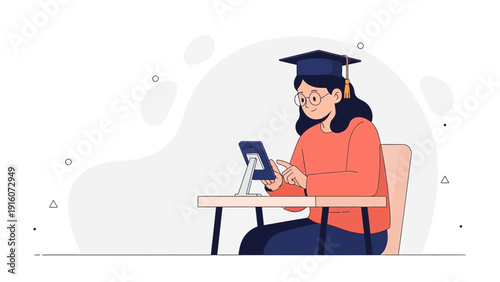 Student graduating online using tablet at desk with cap and gown illustration