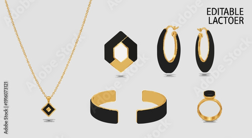 Collection of modern black and gold jewelry pieces including necklaces earrings rings and bracelets.