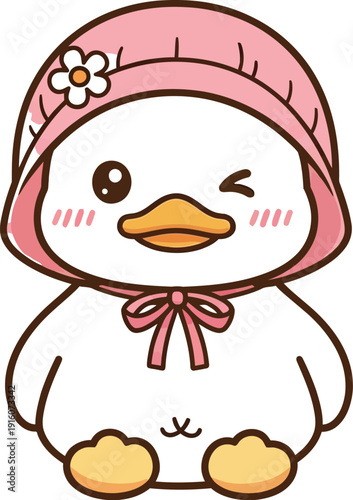 Adorable cartoon duck wearing a pink bonnet with a flower