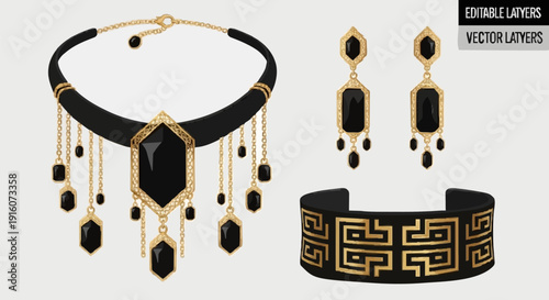 Luxury black and gold jewelry set with geometric patterns and pendant.