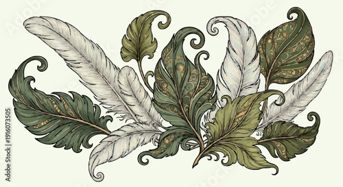 Vibrant green and white leaves with artistic swirls and curls.