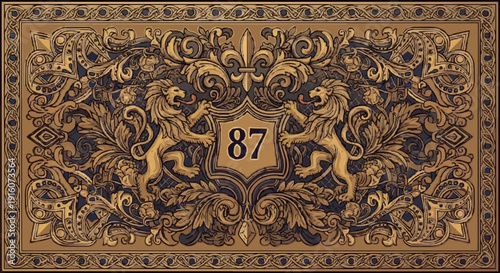 Ornate golden frame with lions and floral patterns surrounding the number 87.