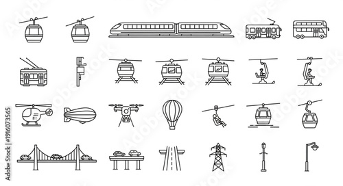 Collection of transportation icons and symbols in sketch style.
