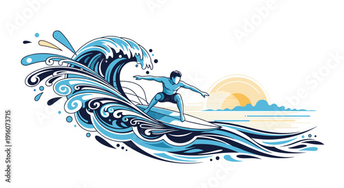 Dynamic illustration of a male surfer riding a massive blue wave with decorative swirls during a sunset over the ocean horizon.