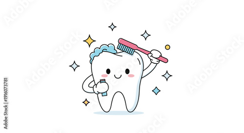 Cheerful tooth character brushing its own head with a pink toothbrush surrounded by soap bubbles and sparkling stars on white.