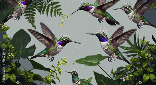 Vibrant Hummingbirds Flying Around Lush Green Foliage and Flowers.