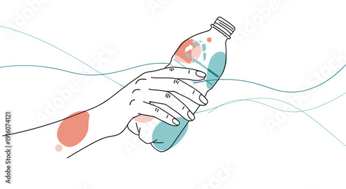 Minimalist line art illustration of a hand holding a plastic water bottle against a background with abstract flowing lines and shapes.